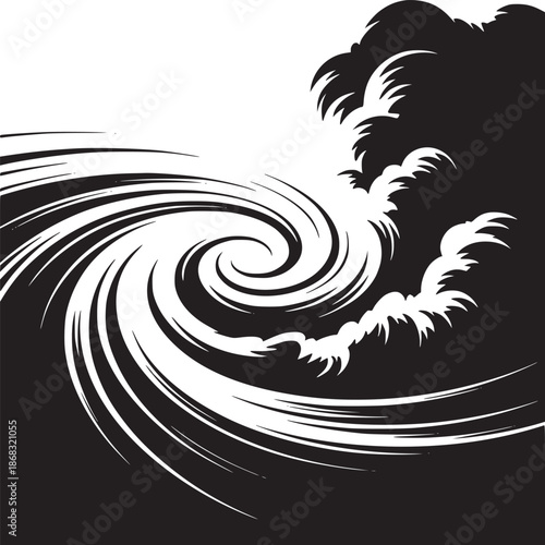 A black and white abstract image featuring a swirling vortex and cloud like formations in monochrome