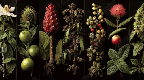 Collection of diverse botanical specimens arranged artistically on a dark background, showcasing unique textures, colors, and forms of various plants and flowers for visual exploration