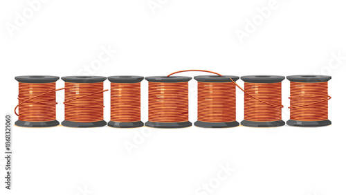 A row of seven copper spools of wire, neatly arranged on a white background, representing industrial materials or manufacturing.