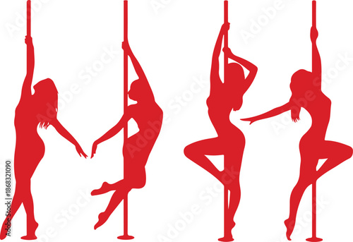 Red silhouettes of women performing elegant pole dances in various dynamic poses