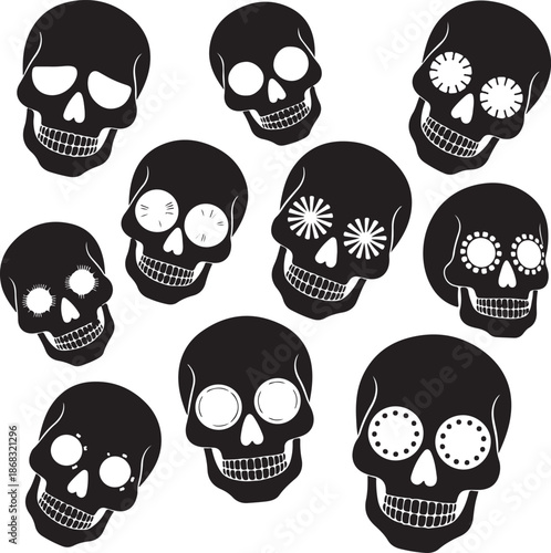 black skulls with white designs on white background