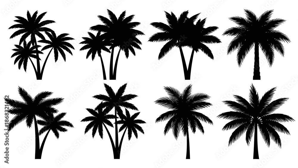 Fototapeta premium Set of Black Palm Trees Silhouettes with Tropical Vibe on Isolated White Background