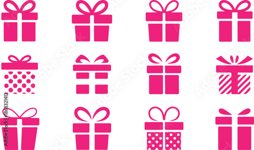 A cheerful collection of twelve bright pink gift box icons with various ribbon designs