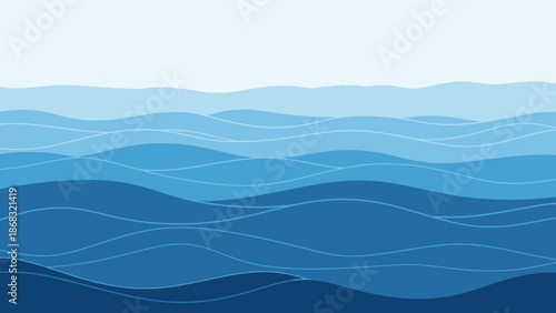 Abstract blue ocean waves pattern with flowing lines and light reflections, calm water background