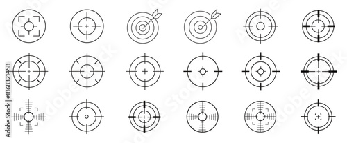 Target aim icons set.  Sniper target aim shoot icon collection. Target cursor icon. Gun target, focus, crosshair, reticle, viewfinder. Target destination flat and line style - stock vector. 