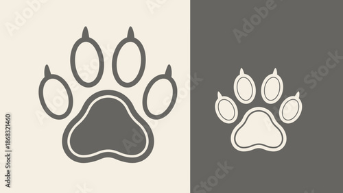 Set of animal paw print icons in two variations on split light beige and dark grey backgrounds