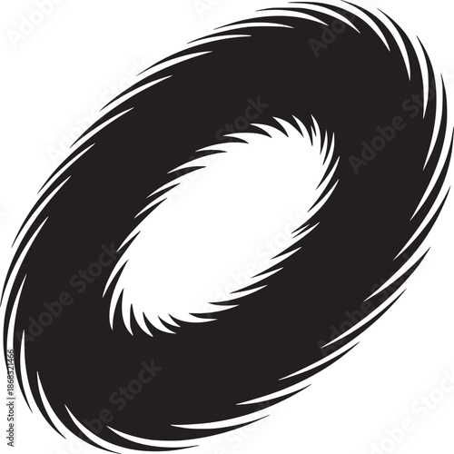 A black and white abstract design featuring a swirling oval shape with jagged edges on a white background