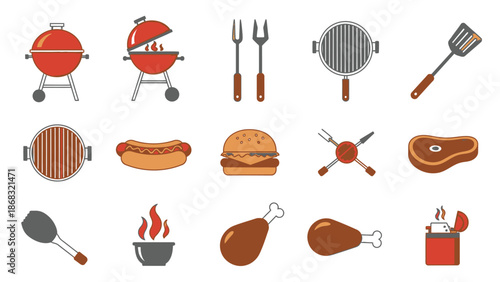Set of colorful barbecue grilling tools and delicious food items on an isolated white background