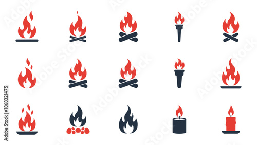 Collection of Fire, Campfire, Torch, and Candle Icons on Isolated White Background