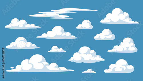 Cartoon style white fluffy clouds floating in a vibrant blue sky, flat design illustration