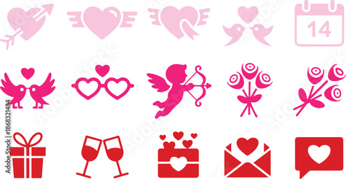 A delightful collection of romantic pink and red icons for celebrating love and Valentines Day