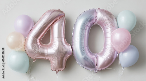 Celebratory silver and pink 40th birthday balloons with pastel accents