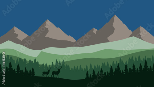 Silhouette of two deer in a dense green forest with majestic mountains under a dark blue sky at twilight