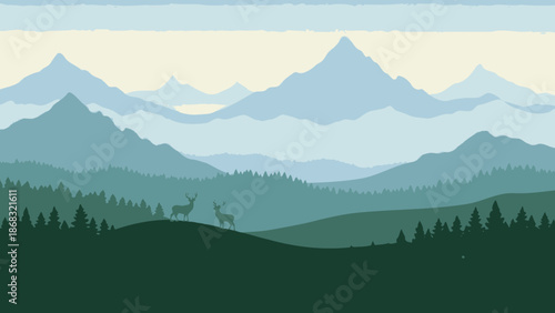 Peaceful green-blue mountain landscape with pine forest and deer in the natural environment
