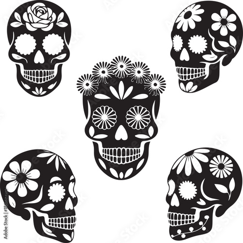 Black skulls with white flowers and leaves on white background
