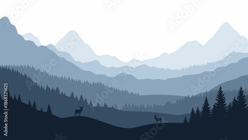 Serene blue-grey mountain landscape with pine forest and deer in the wilderness
