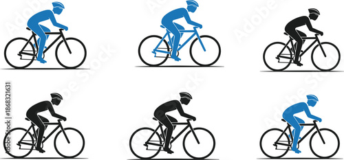 Group of cyclist icons in blue and black with different riding positions Keywords: cyclist, cycling, bicycle, bike, rider, sport