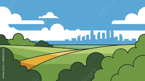 Scenic rural landscape with a winding road, green trees, and distant city skyline under a blue sky