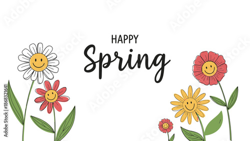 Happy Spring greeting with cheerful colorful flowers on an isolated white background