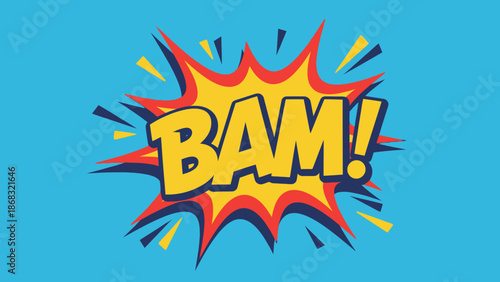 Dynamic comic book sound effect BAM! with explosion on a bright blue background