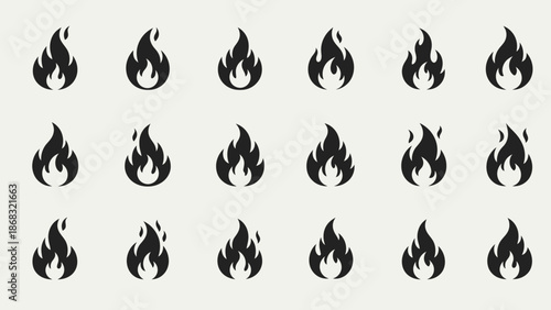 Collection of black fire flame icons on a plain light background