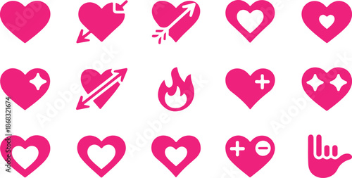 A vibrant collection of bright pink heart shaped icons featuring diverse symbols and gestures
