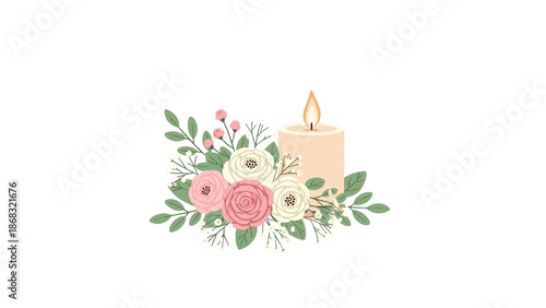 A gentle, lit candle next to a delicate bouquet of pink and white roses with green leaves, suggesting peace and quiet contemplation.