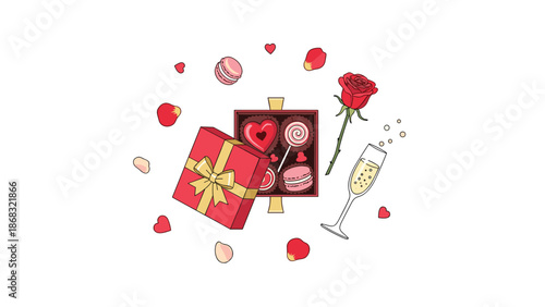 An open red gift box spilling chocolates, macarons, rose petals, and champagne, representing a luxurious Valentine's Day celebration.