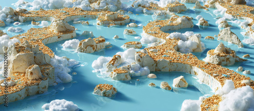 Abstract landscape illustration featuring winding paths of textured materials, surrounded by fluffy clouds and shimmering water, creating a serene and imaginative environment