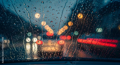 Raindrops on windshield blur city lights creating a moody, atmospheric night drive.