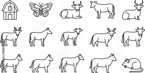 Line Art Icons Of Barn, Butterfly, Cattle, Deer, Horse And Mouse building illustration