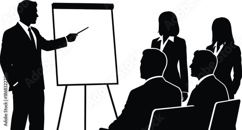 Business Presentation Meeting Silhouette Man Presenting to Audience on Flip Chart or Screen