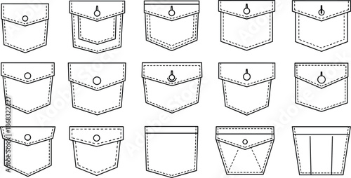 Line art illustrations of various shirt pockets with different designs and closures on white background
