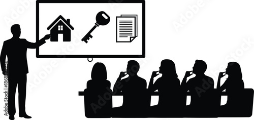 Real Estate Agent Presenting Home Ownership Key and Contract to Clients Silhouette Meeting Icon