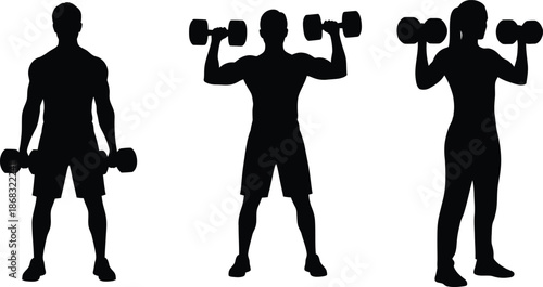 Black and White Fitness Silhouettes Workout People with Dumbbells Vector Set