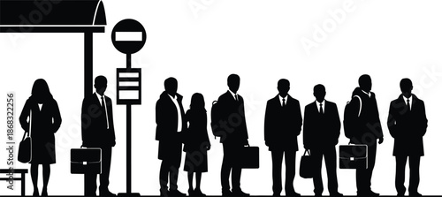 Black Silhouettes of Business Commuters Waiting in Line at a Bus Stop Minimalist Vector Graphic