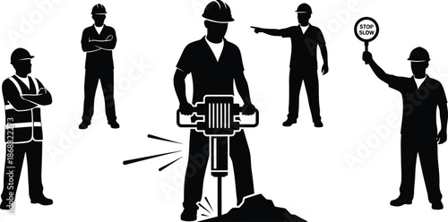Set of Construction Road Workers Silhouettes Operating Jackhammer and Holding Stop Slow Sign Vector