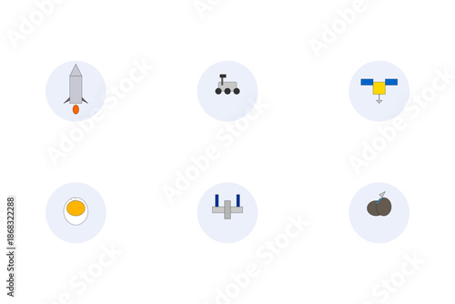 Scientific Space Exploration Icon Set on White. Rocket, Mars Rover, and Satellite Technology Symbols