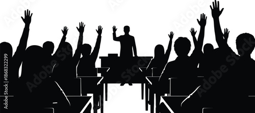 Black and white vector silhouette of students raising hands in a classroom or meeting with a teacher
