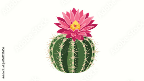 A round green cactus with a vibrant pink flower blooming on top, set against a pale background, representing desert beauty and growth.