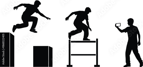 Parkour and Freerunning Silhouettes Set Urban Sport Action Jumps Vaults and Smartphone Filming Vector Illustration