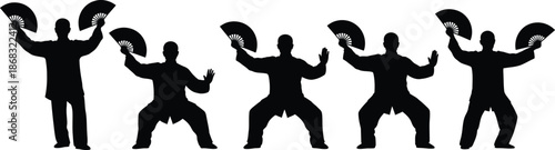 Tai Chi fan dance silhouettes set Vector graphics of martial arts practitioners with folding fans in different poses