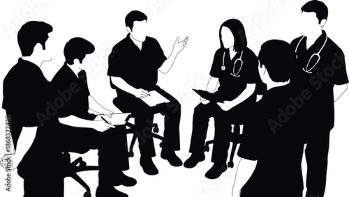 Black and white silhouette of medical team professionals having a group discussion consultation or clinical briefing session vector illustration