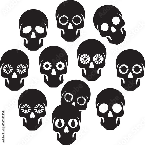 Collection of black skulls with floral and decorative eye sockets