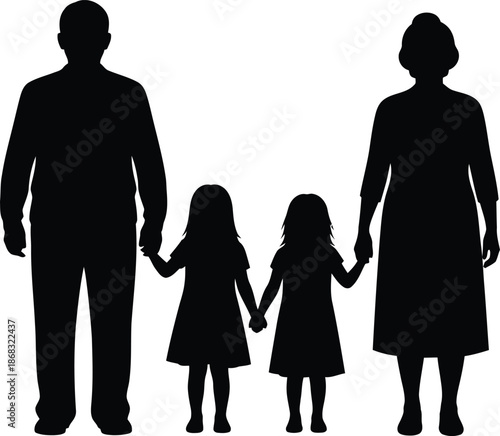 Generational Family Silhouette Vector Grandfather Grandmother and Two Granddaughters Holding Hands