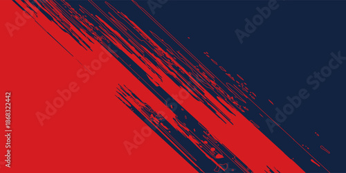 A dynamic abstract background features a bold contrast of red and navy blue separated by angled brush strokes, creating a visually striking and textured composition