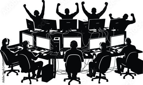 Team of Gamers or Developers Celebrating Success Silhouette Vector Illustration