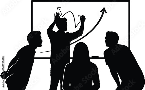 Team collaboration success analysis vector illustration drawing growth arrow graph on whiteboard