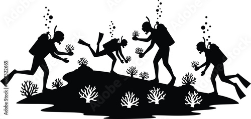 Underwater scuba diving team exploring coral reef silhouette black and white vector illustration