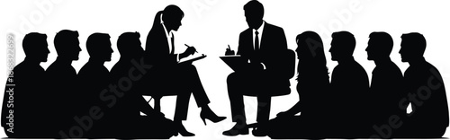 Group discussion or seminar with seated participants and two facilitators writing notes Black vector silhouette